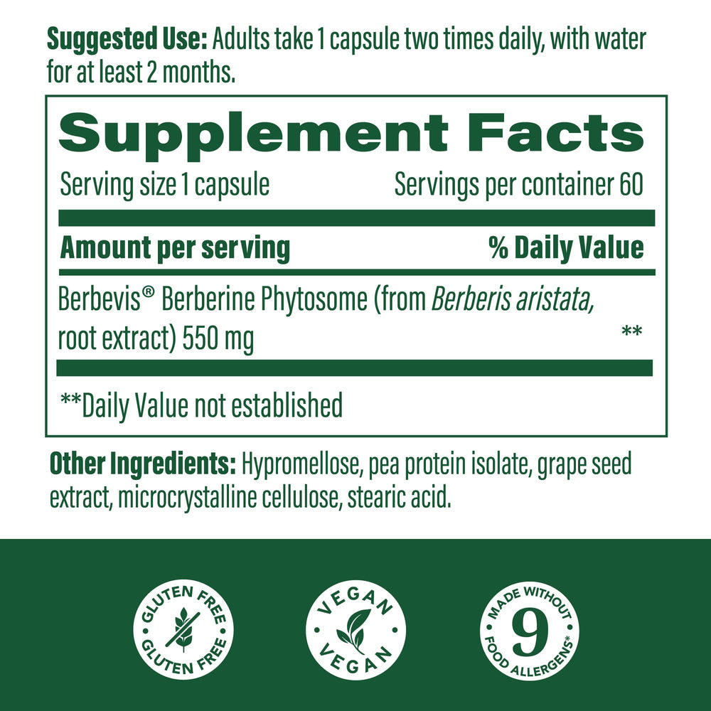 Product bottle showing 60 capsules of MegaFood Berberine Phytosome