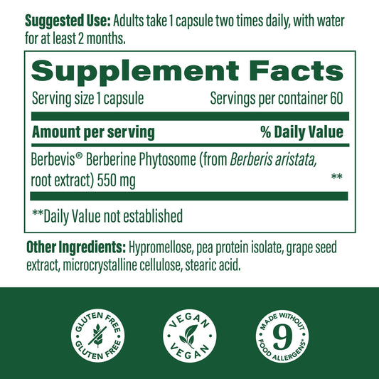 Product bottle showing 60 capsules of MegaFood Berberine Phytosome