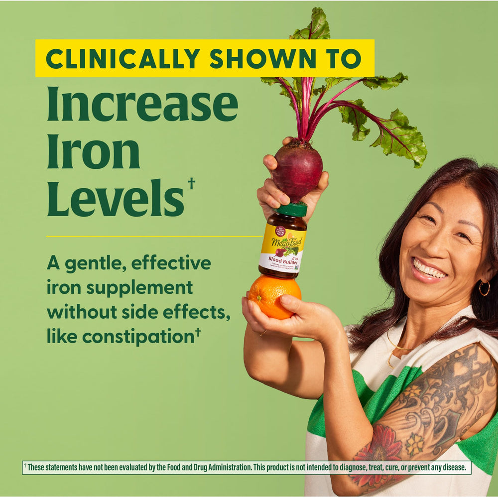 Label highlighting iron, vitamin C for absorption, B12 and folic acid