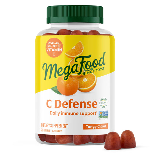 Bottle of MegaFood C Defense Tangy Citrus immune support gummies