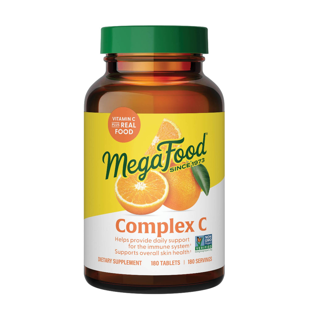 Hero shot of MegaFood Complex C vegan immune support supplement bottle with 180 tablets.