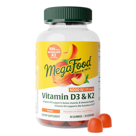 Front view of MegaFood Vitamin D3 K2 Peach Gummies bottle