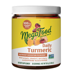 Bottle of MegaFood Daily Turmeric Nutrient Booster Powder on white background