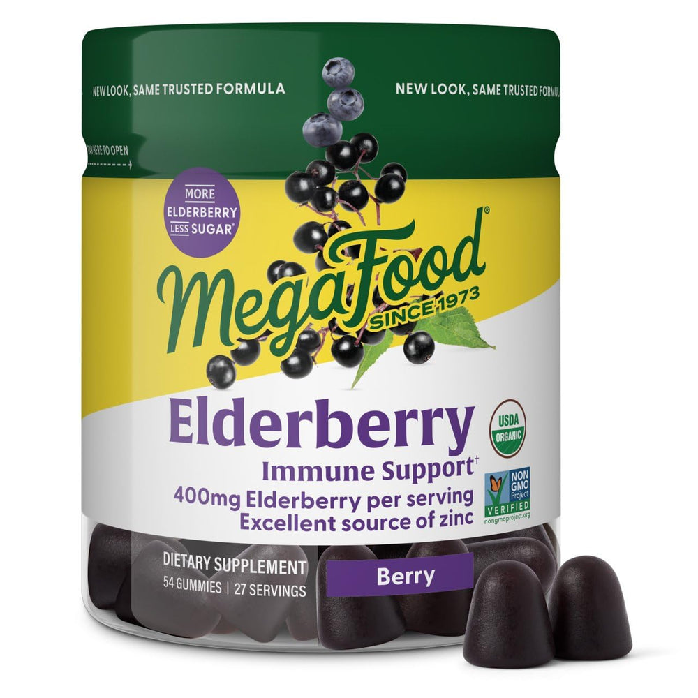 MegaFood Elderberry Immune Support Gummies bottle front on white background