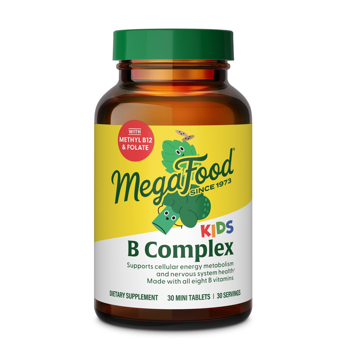 Front view of MegaFood Kids B Complex bottle and label