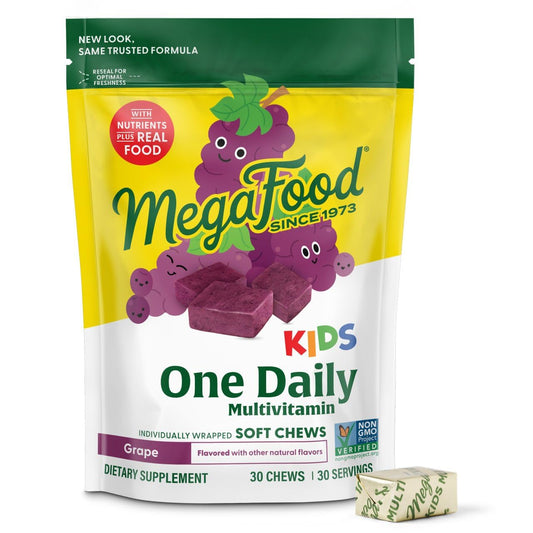 Bottle of MegaFood Kids One Daily Multivitamin Soft Chews in grape flavor