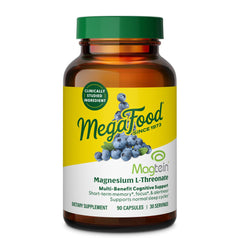 MegaFood Magtein bottle front highlighting high-absorption magnesium for focus support
