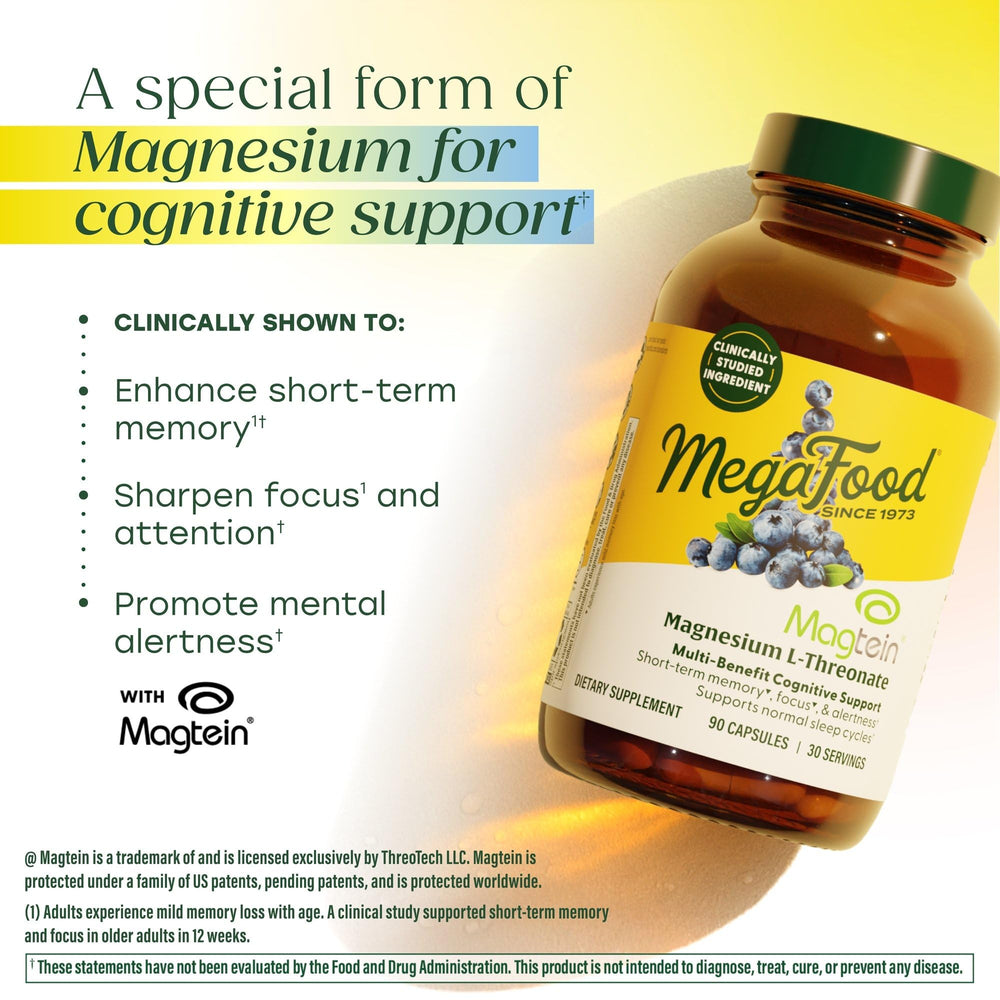 MegaFood Magtein label detail emphasizes Magtein ingredient and vegan, gluten-free formulation