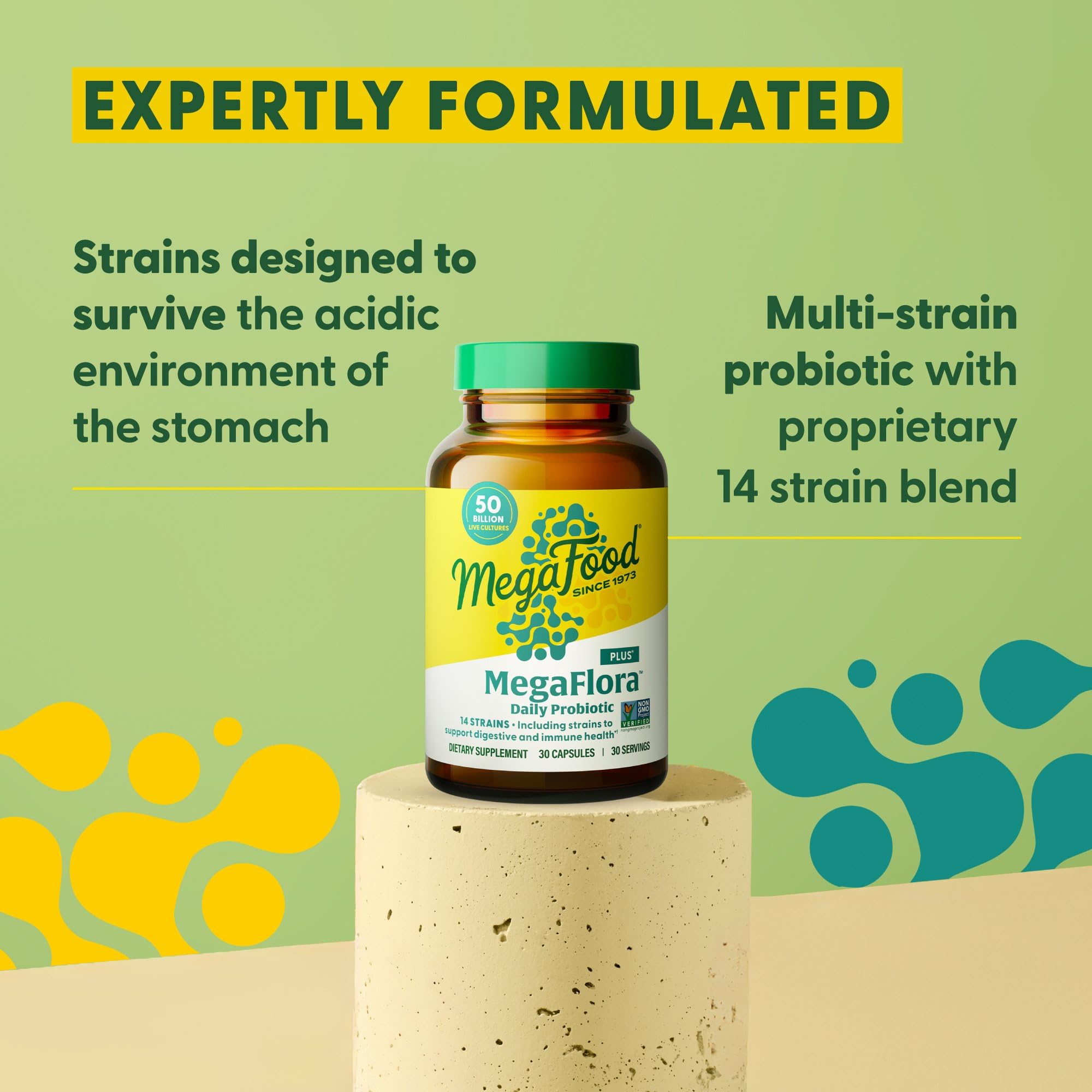 Illustration of the 14 probiotic strains in MegaFood MegaFlora Probiotic Plus