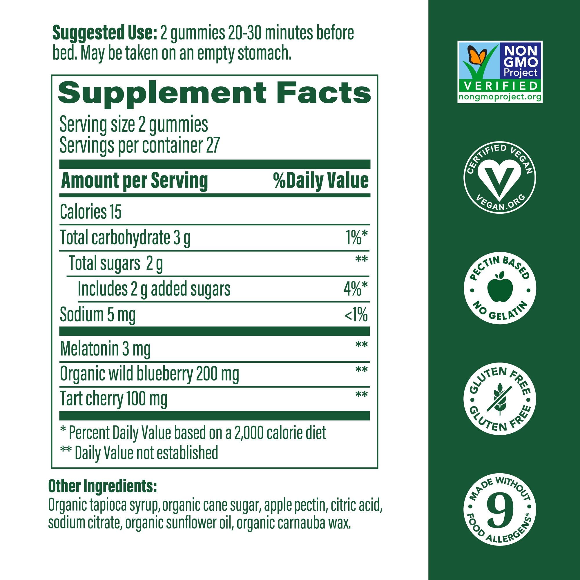 Nutrition label showing 3mg melatonin per serving
