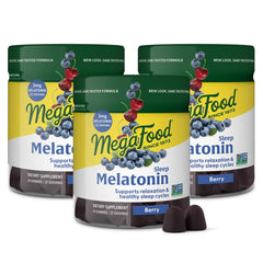 MegaFood Melatonin Gummies front-pack showing berry flavor for relaxation before bed.
