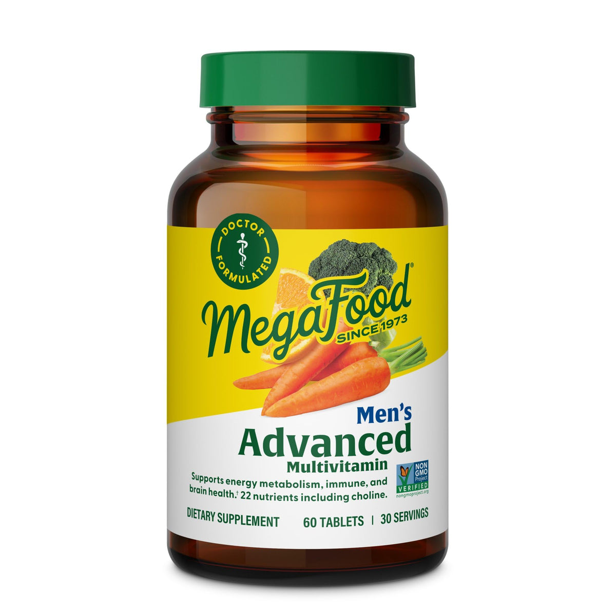 Front view of MegaFood Men's Advanced Multivitamin bottle