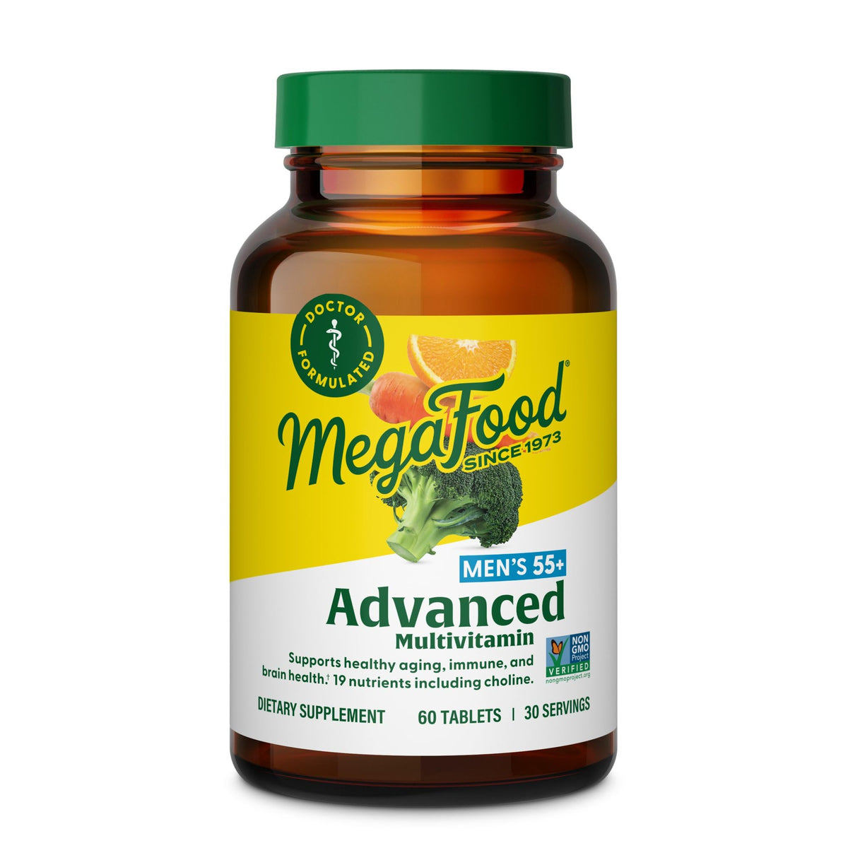 MegaFood Men's 55+ Advanced Multivitamin bottle on white background
