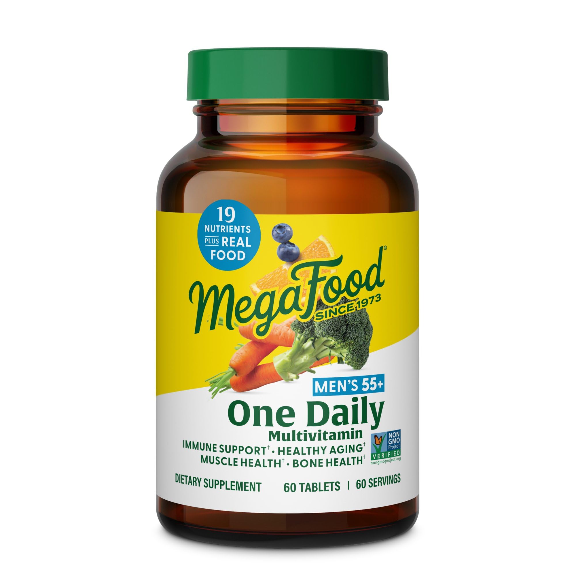 Bottle of MegaFood Men's 55+ One Daily Multivitamin with label
