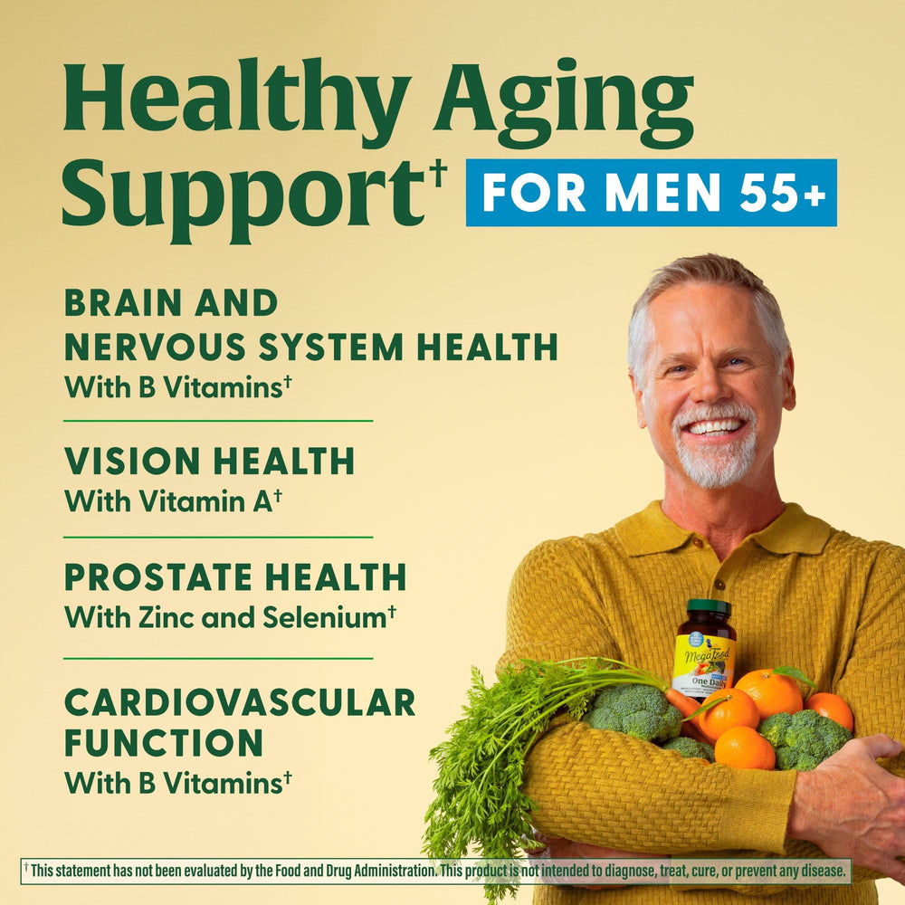 Back view of the MegaFood Men's 55+ One Daily bottle with supplement facts
