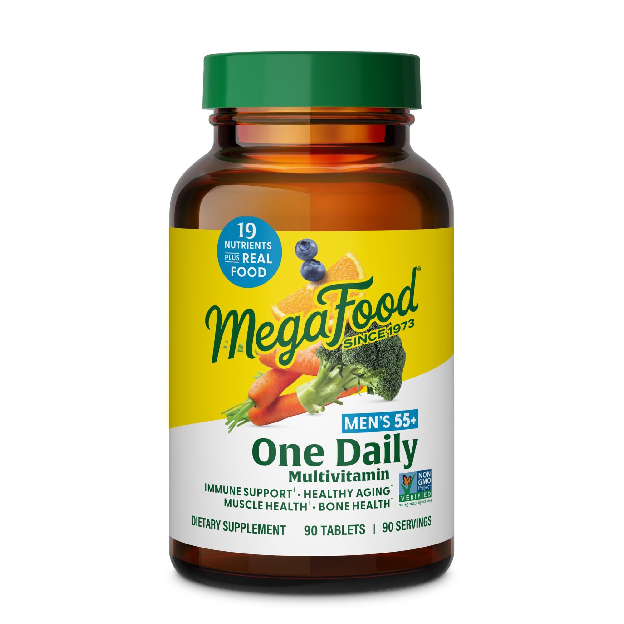Front view of MegaFood Men's 55+ One Daily multivitamin bottle