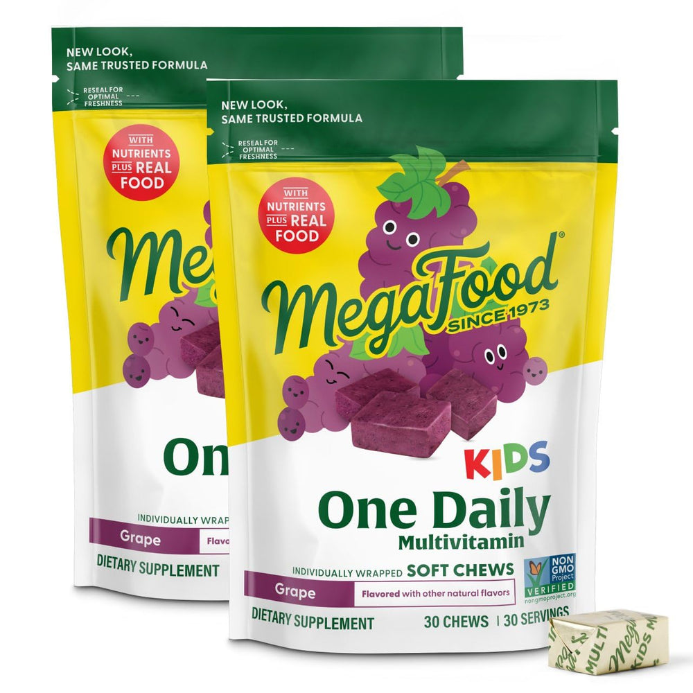 MegaFood One Daily Kids Multivitamin Soft Chews grape flavor bottle and packaging