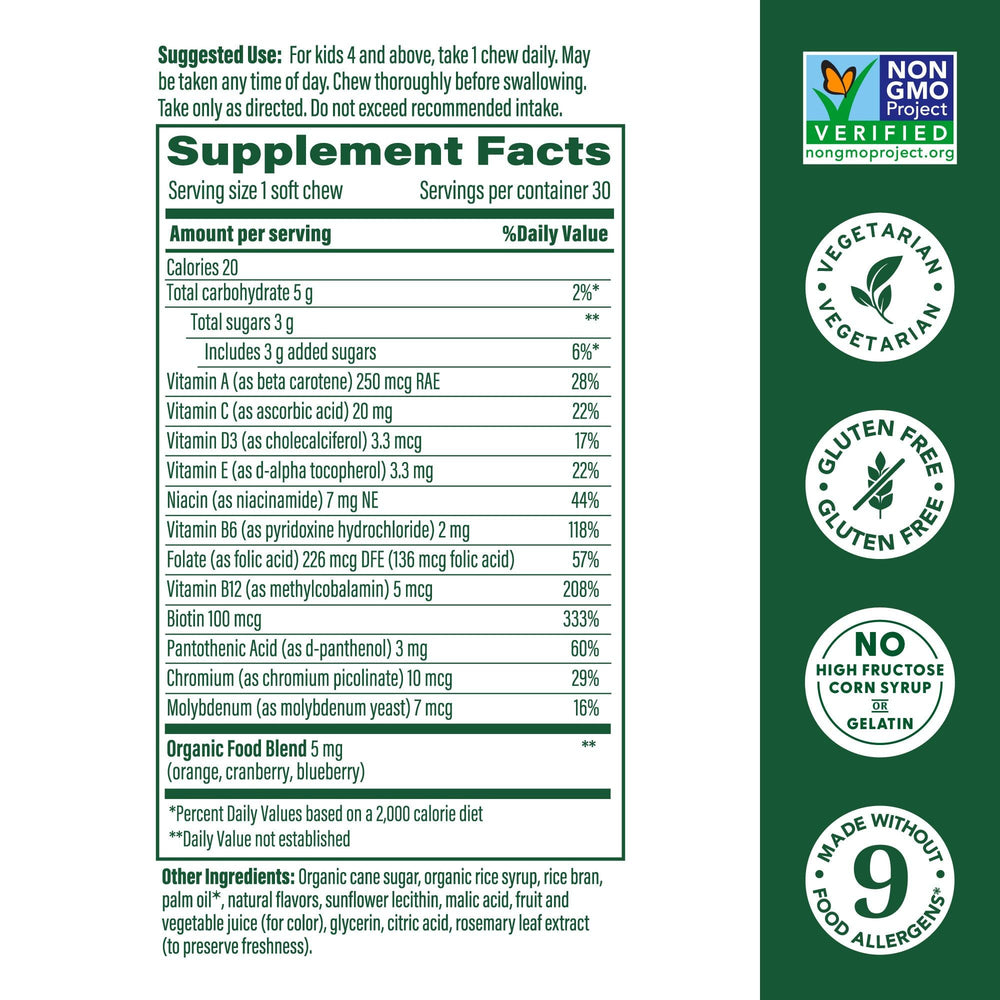 Close-up of grape-flavored kid's multivitamin chewables