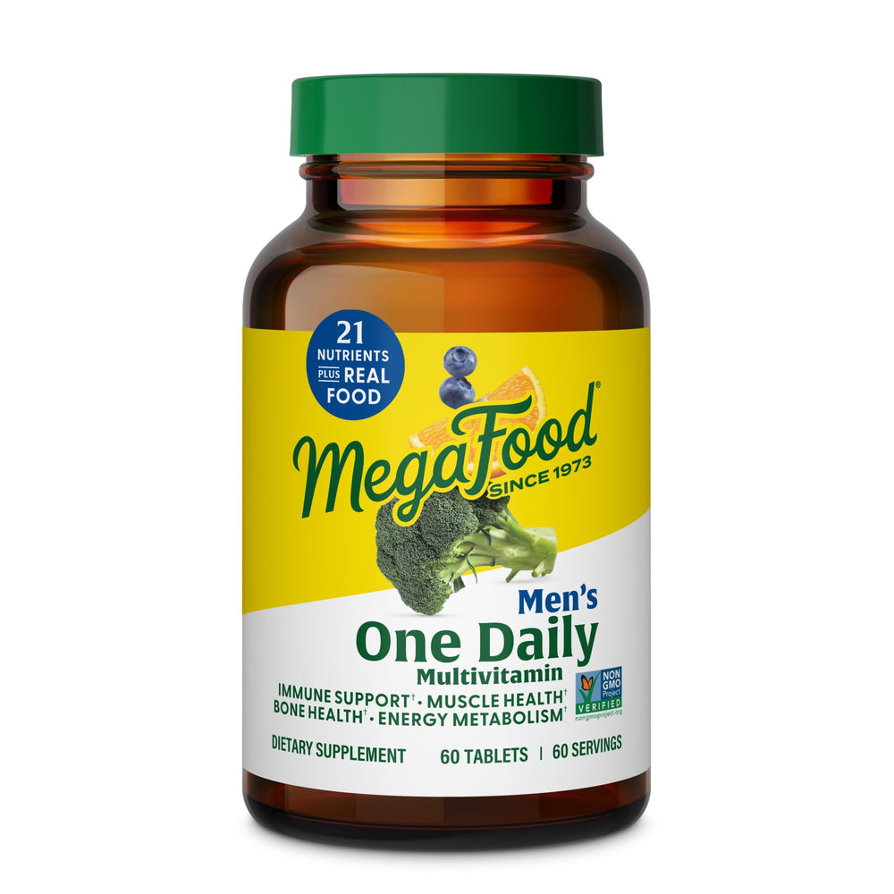 MegaFood One Daily Men's Multivitamin bottle on countertop, supporting daily energy and wellness.