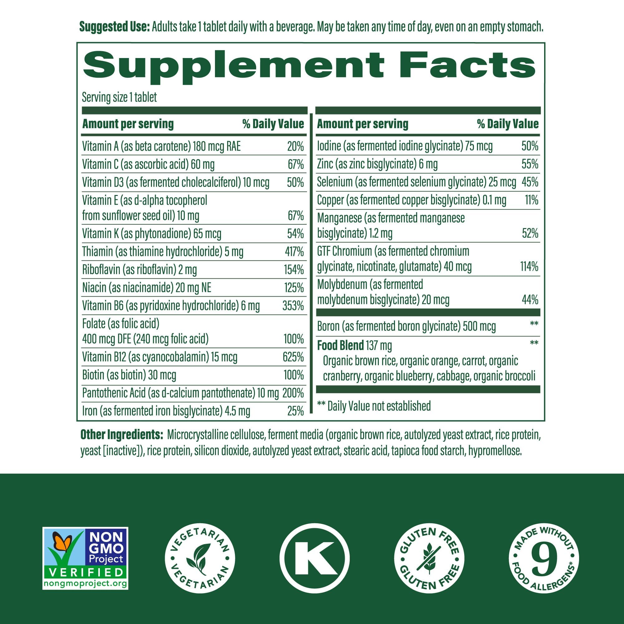 MegaFood One Daily label highlighting nutrients and real food ingredients.