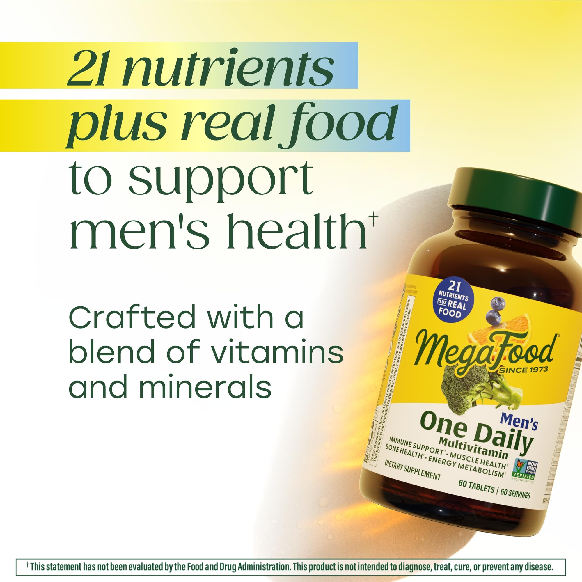 Real-food blend from MegaFood with blueberry, orange, and broccoli.
