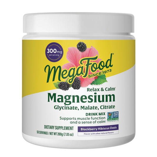 Container of MegaFood Relax + Calm Magnesium Powder Blackberry Hibiscus Oasis flavor