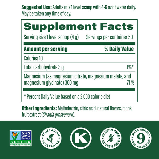 Close-up of magnesium powder label showing 300 mg per serving