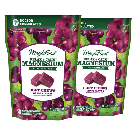 Front view of MegaFood Relax + Calm Magnesium Soft Chews in grape flavor