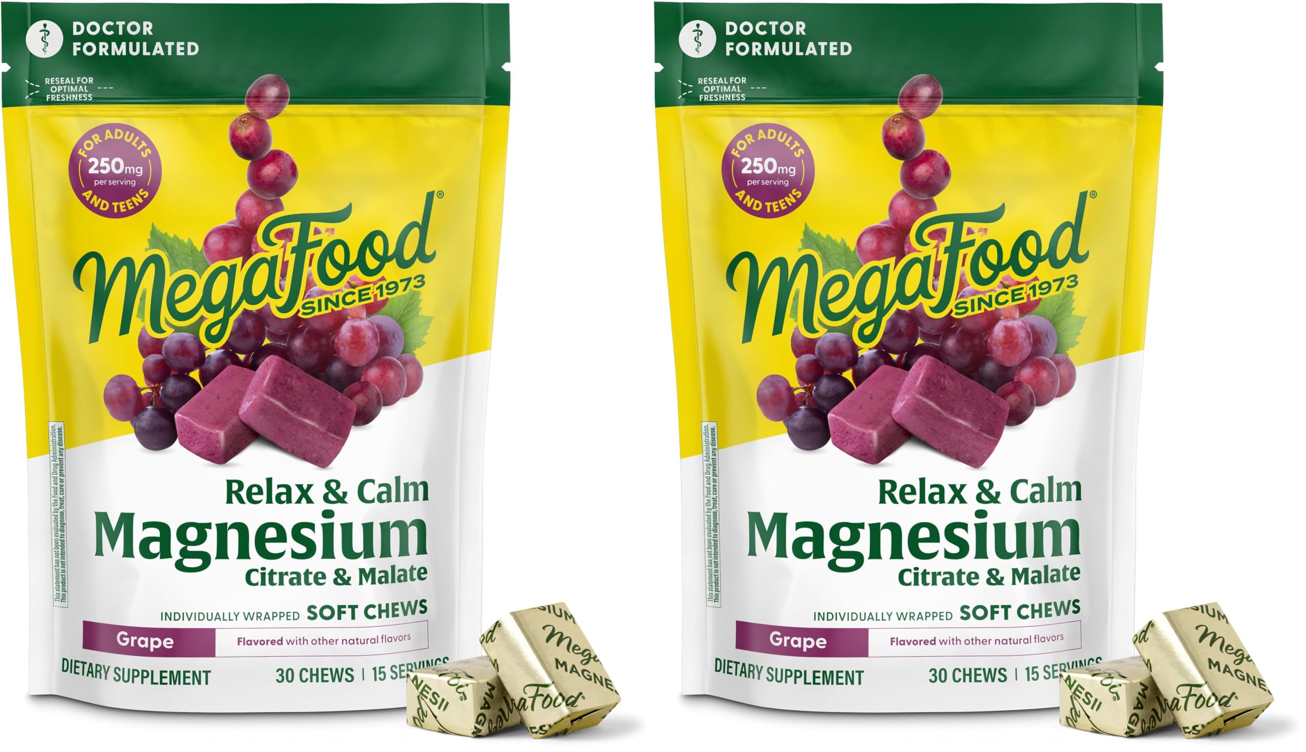 Front packaging of MegaFood Relax + Calm Magnesium Soft Chews grape flavor two-pack