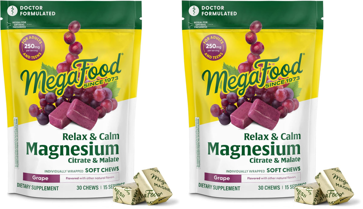 Front packaging of MegaFood Relax + Calm Magnesium Soft Chews grape flavor two-pack