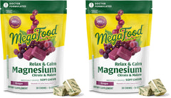 Front packaging of MegaFood Relax + Calm Magnesium Soft Chews grape flavor two-pack