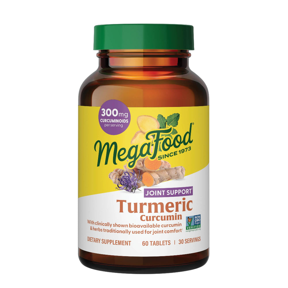 MegaFood turmeric curcumin bottle label showing 60 tablets for daily joint support