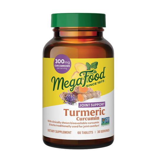 Front view of MegaFood Turmeric Curcumin Extra Strength bottle