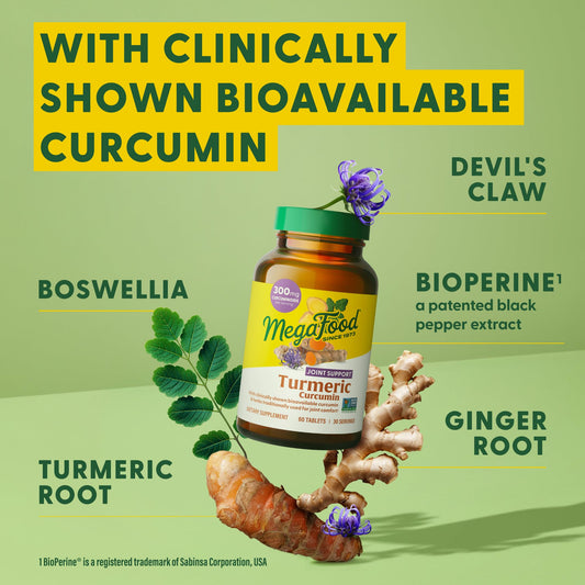 Product label showing key features of MegaFood Turmeric Curcumin Extra Strength
