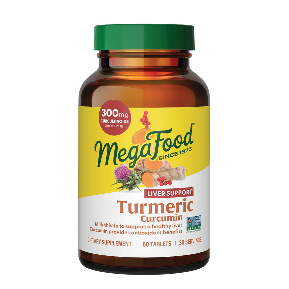 Bottle of MegaFood Turmeric Curcumin supplement with 60 tablets