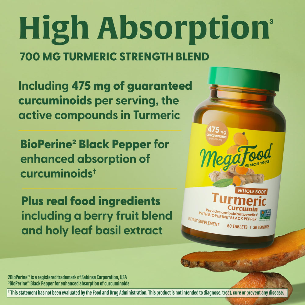 Close-up of turmeric curcumin tablets beside bottle