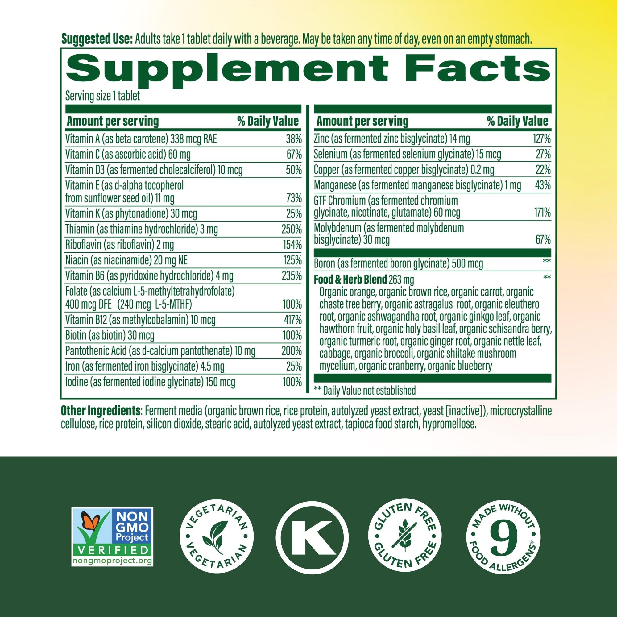 Close-up of MegaFood multivitamin label highlighting methylated B12 and folate.