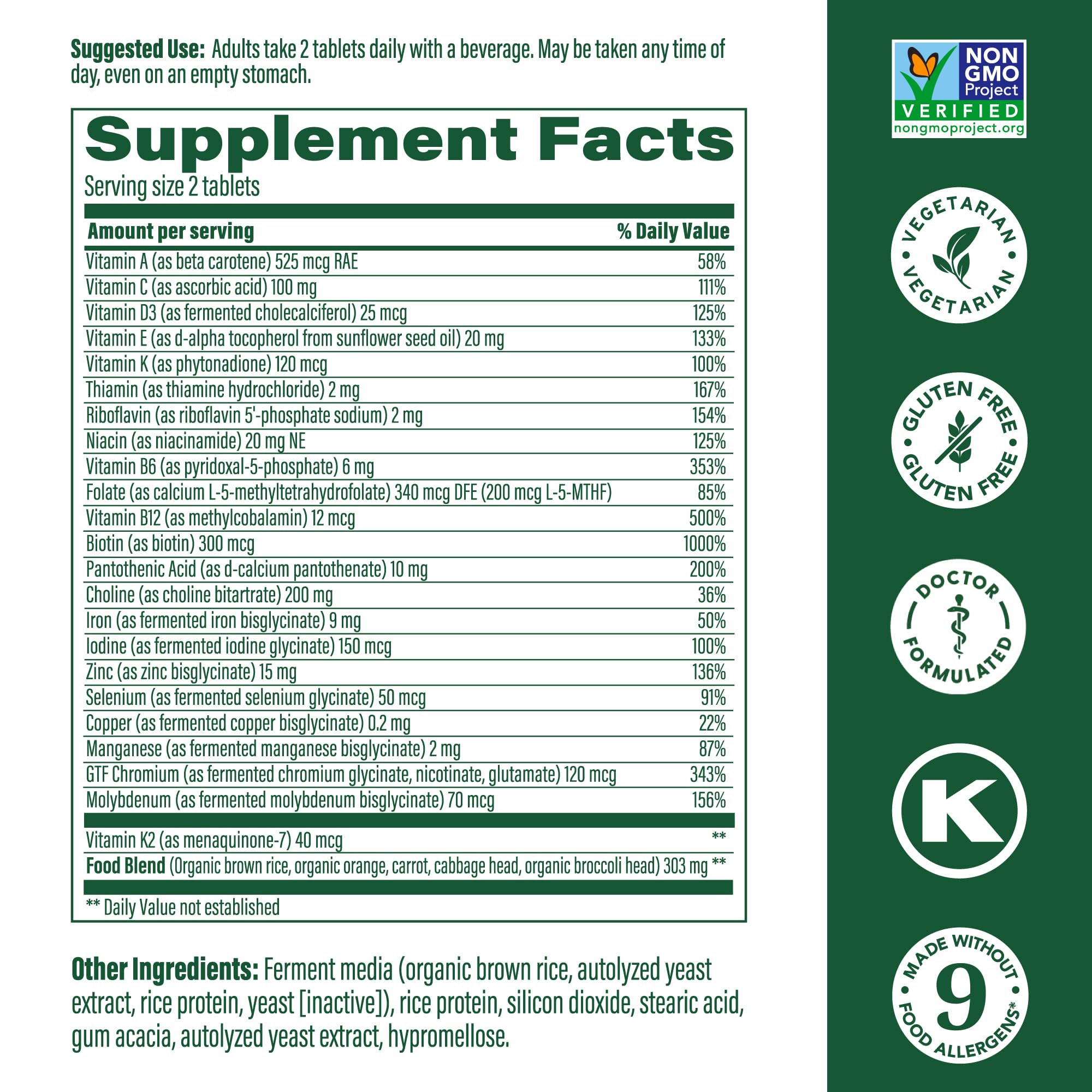 Labels highlighting B vitamins, D3, K2 and choline