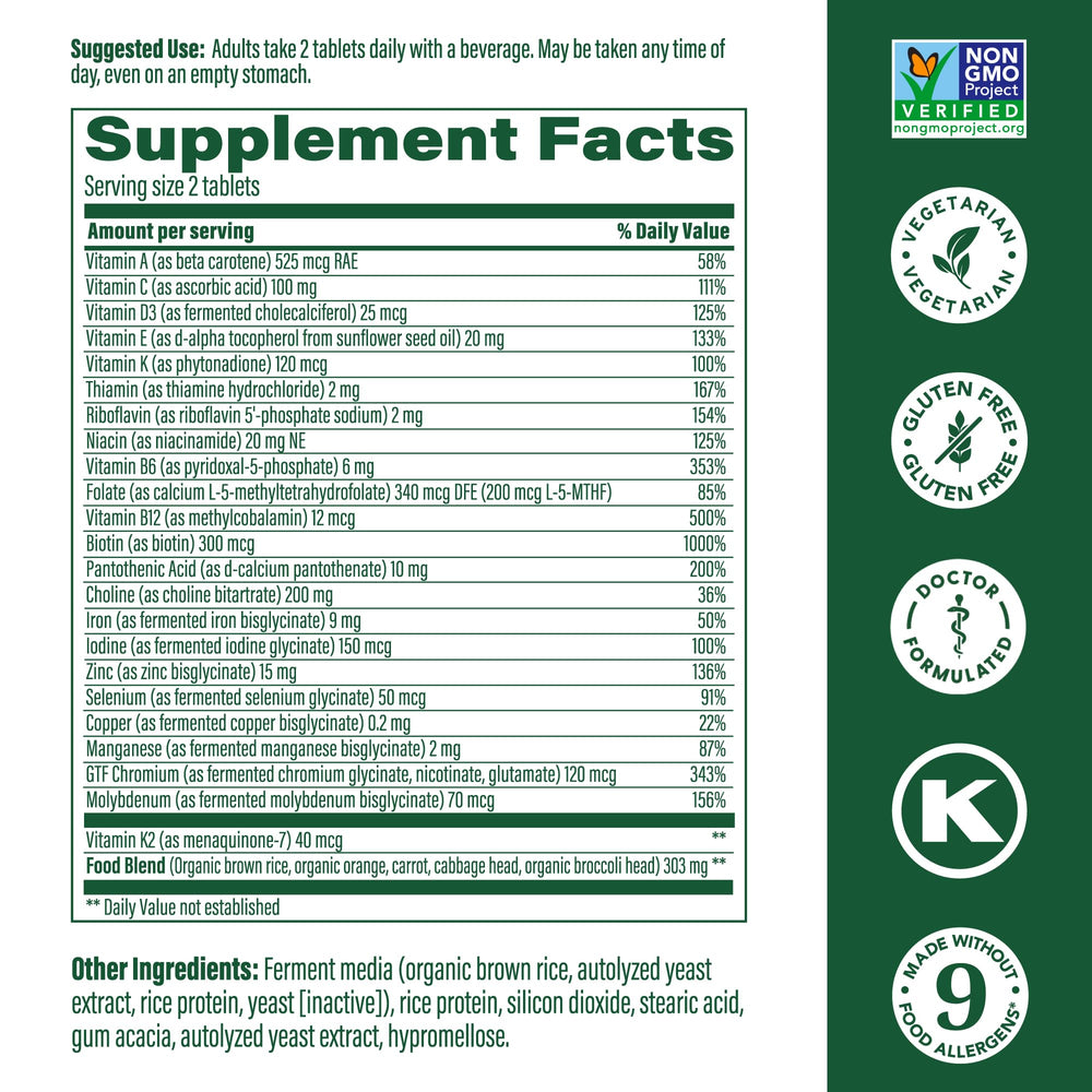 Labels highlighting B vitamins, D3, K2 and choline