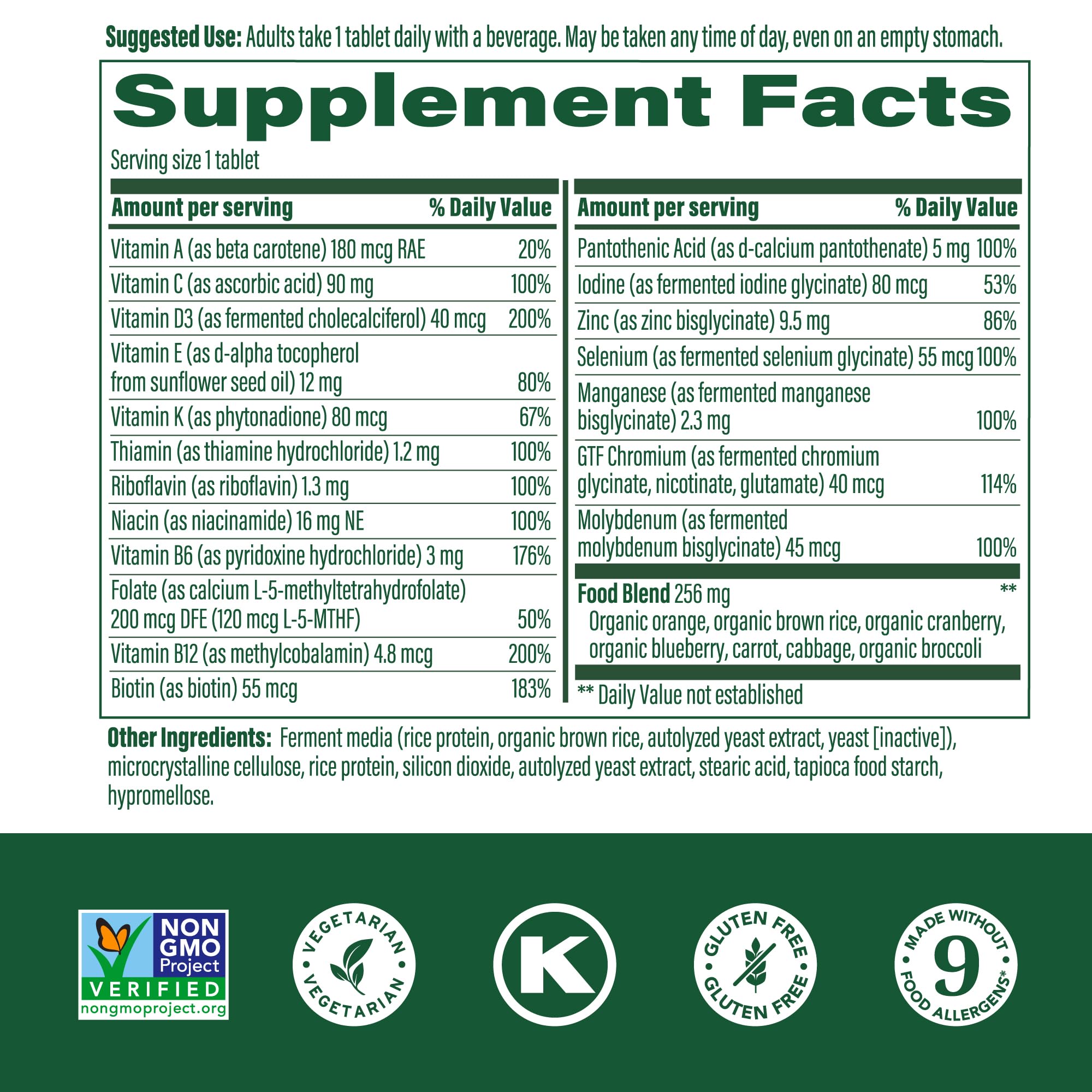 Close-up of multivitamin tablets and real food ingredients