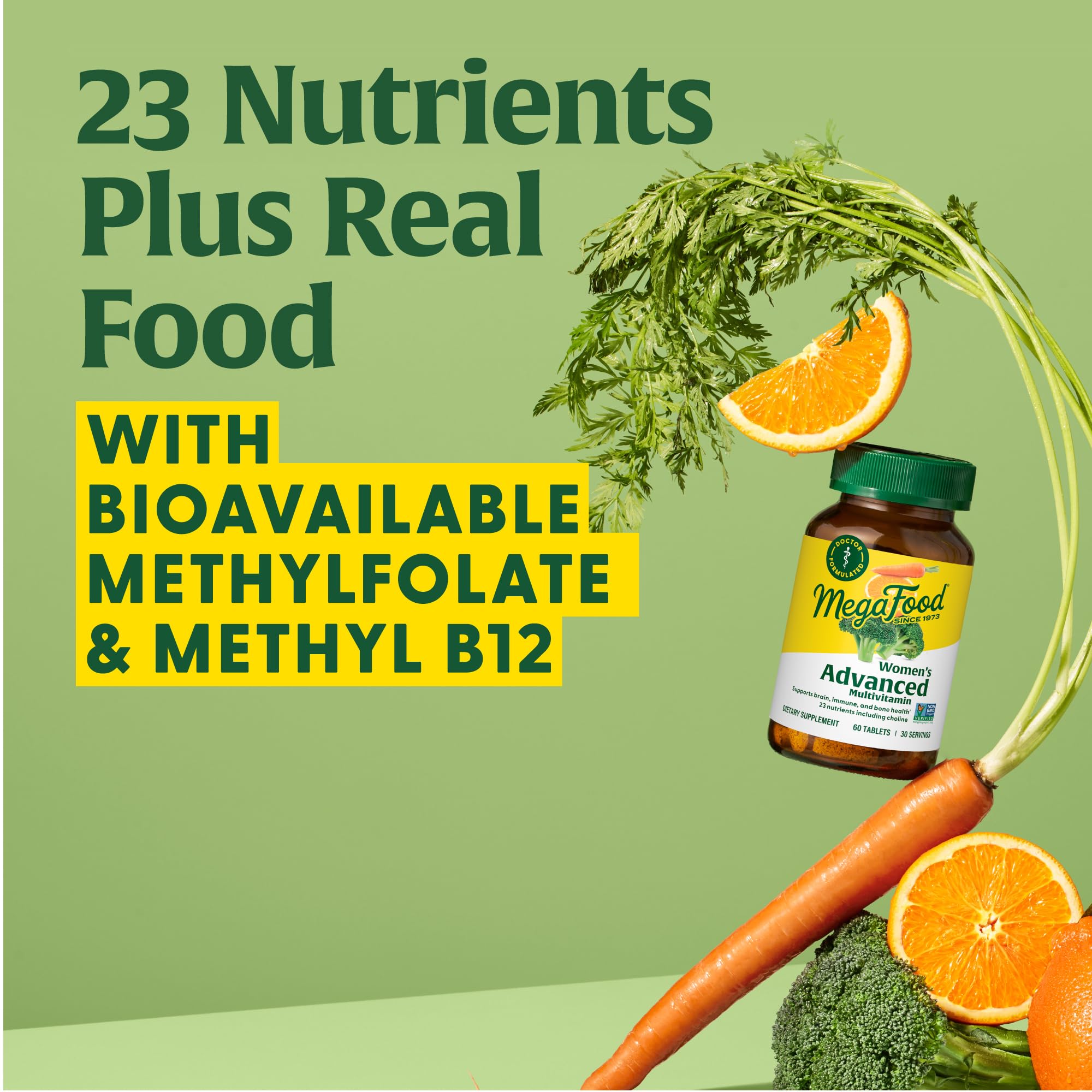 Real Food ingredients including broccoli, oranges, and carrots