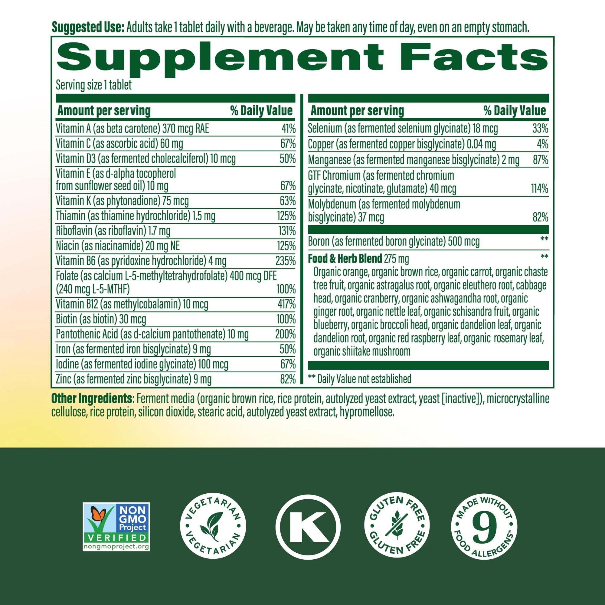 MegaFood Women’s Multivitamin label close-up showing key ingredients and benefits.