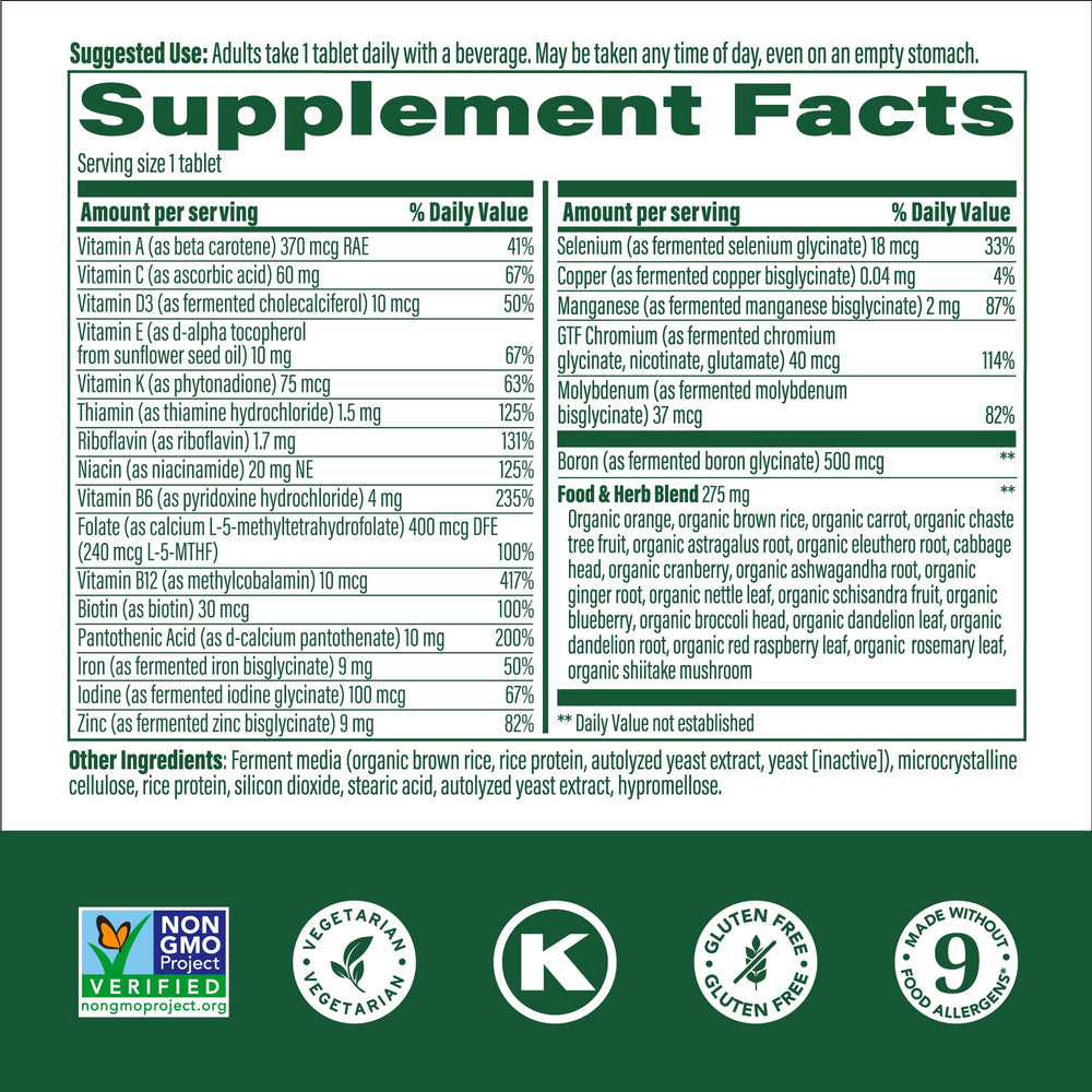 Nutrition facts panel for MegaFood Women's Multivitamin One Daily