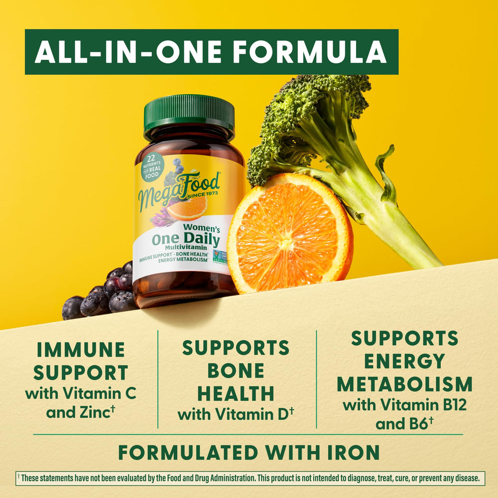 Real-food blend including blueberry, cranberry, broccoli in MegaFood Women's Multivitamin One Daily
