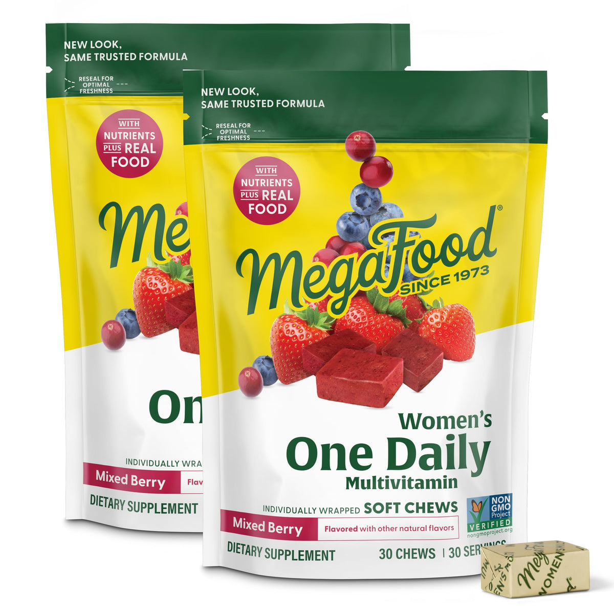 Front view of MegaFood Women\'s One Daily Multivitamin Soft Chews in mixed berry flavor