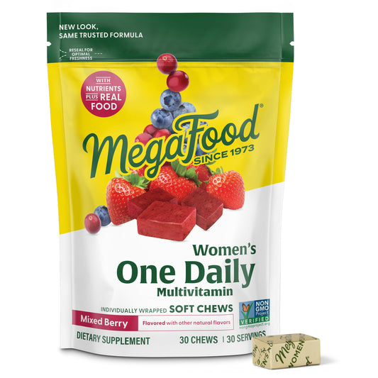 Packaging for MegaFood Women's One Daily Multivitamin Soft Chews in Mixed Berry