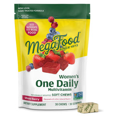 Packaging for MegaFood Women's One Daily Multivitamin Soft Chews in Mixed Berry