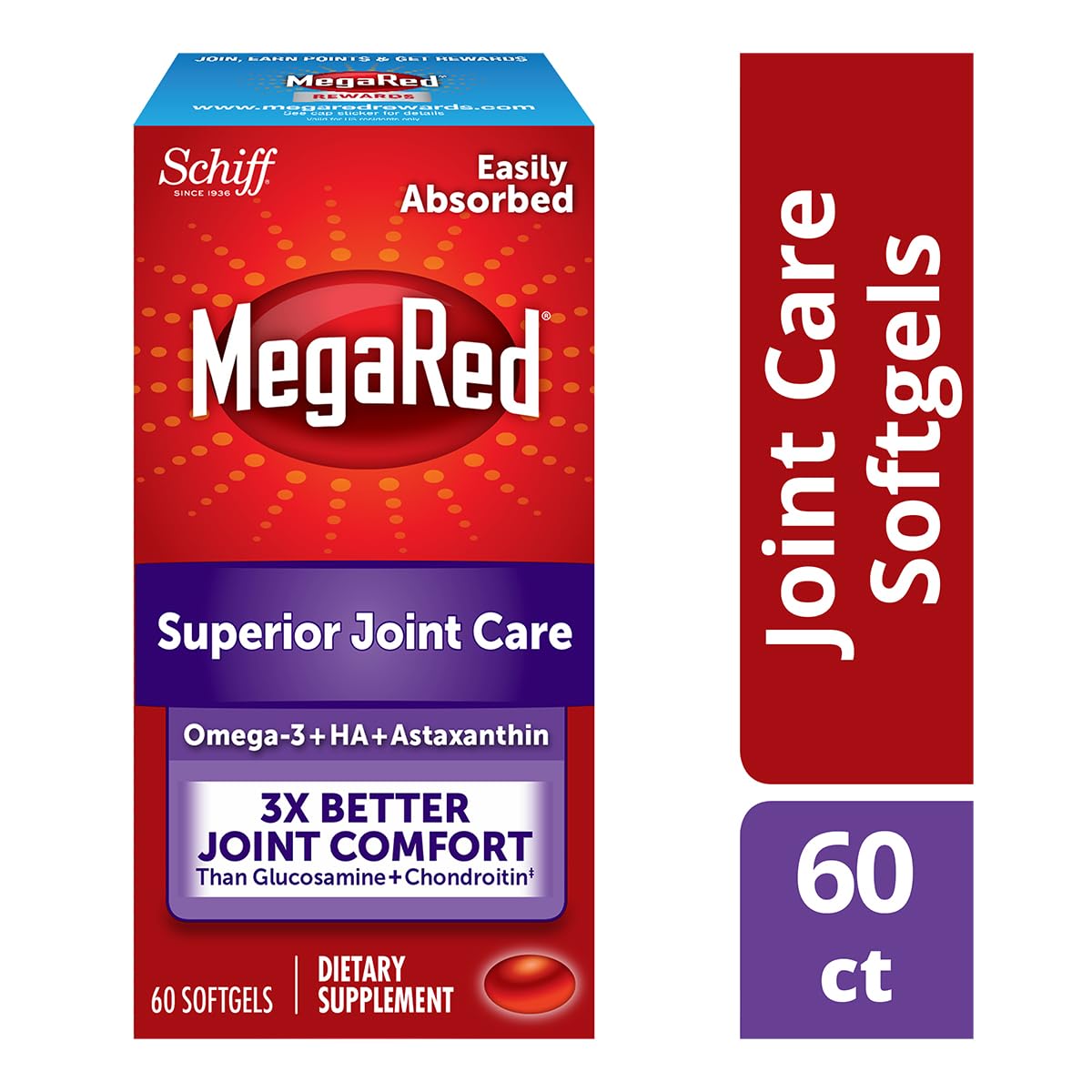 Front view of MegaRed 60 softgels bottle for joint care