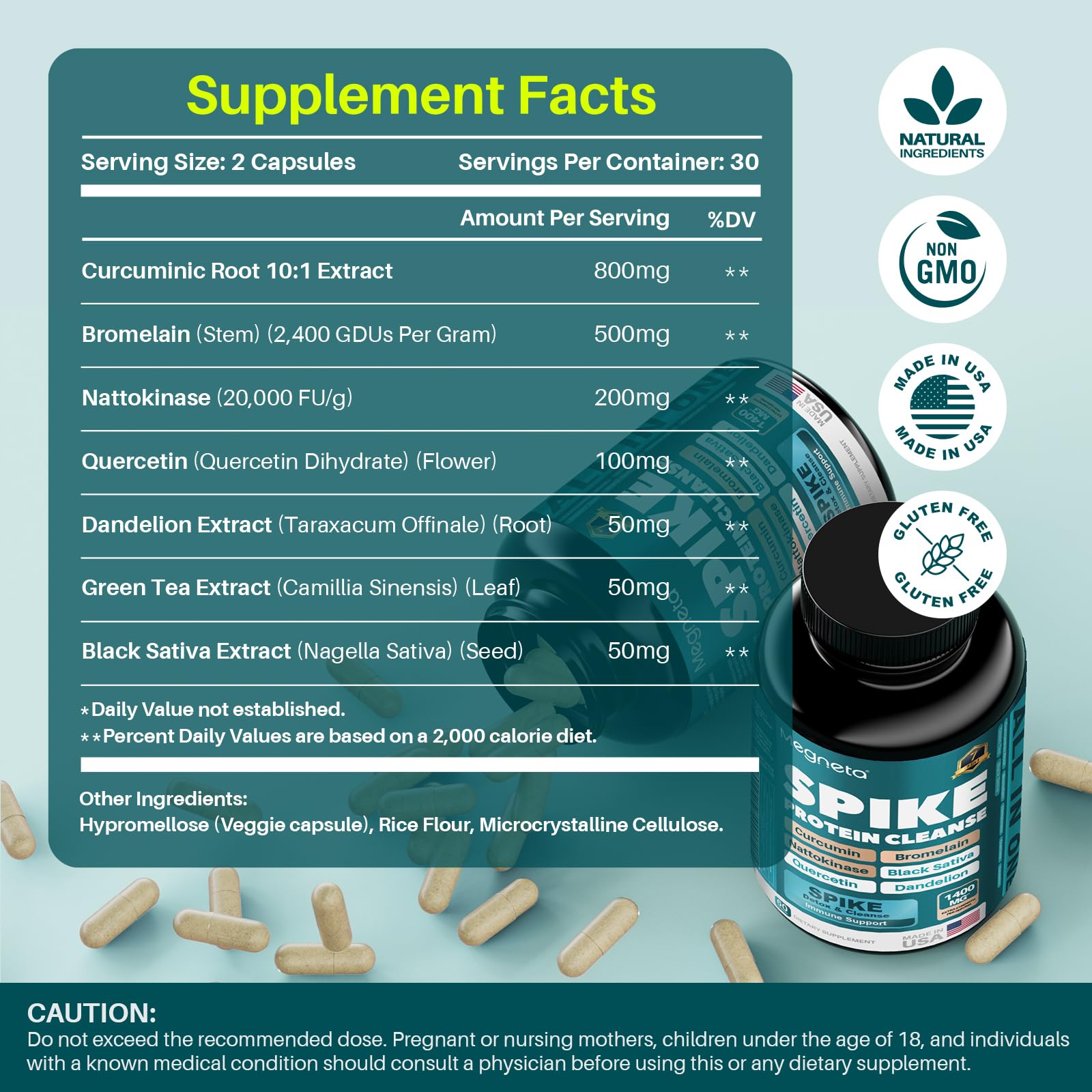60 capsules per bottle, 30-day supply of MEGNETA Spike Tri-Support+