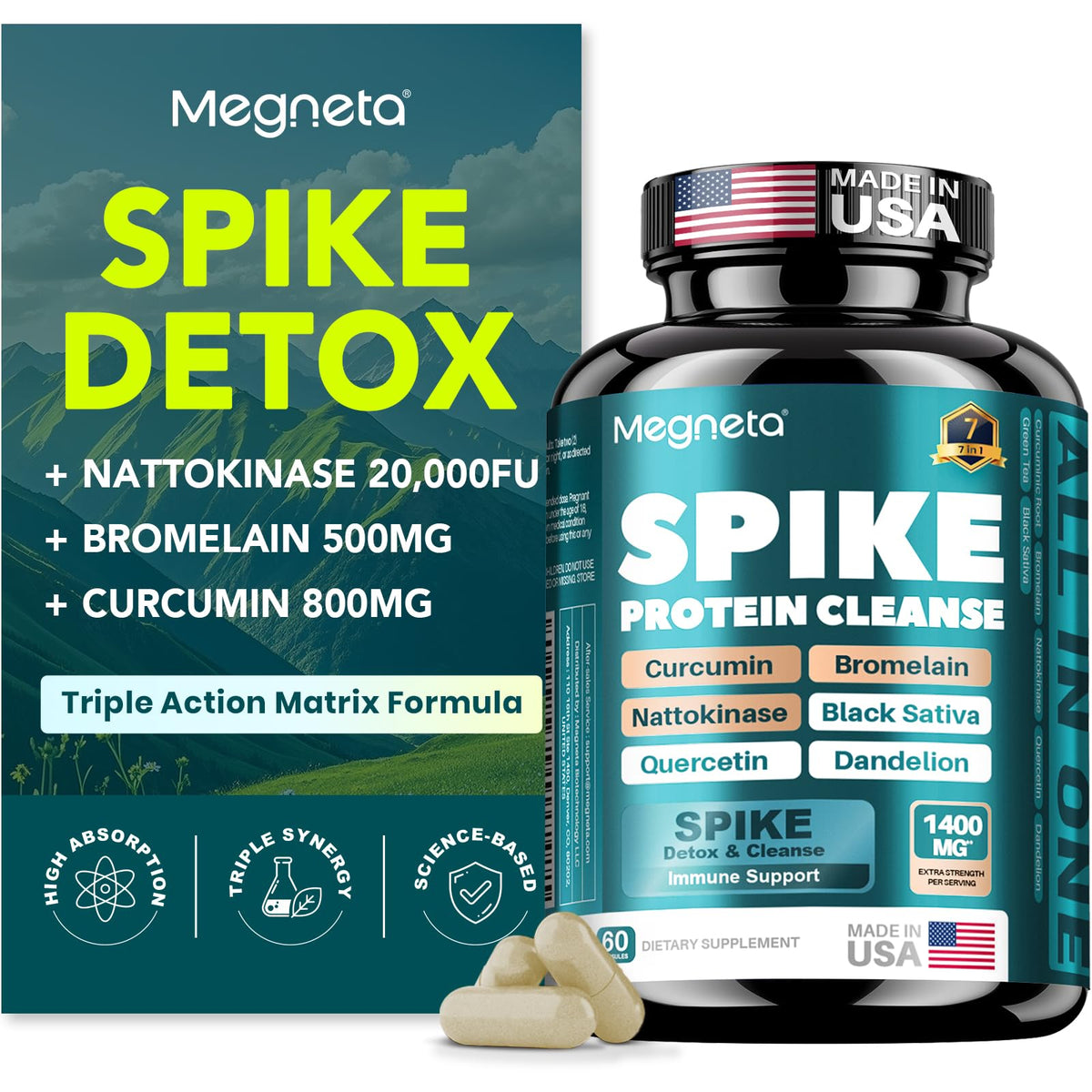 MEGNETA Spike Tri-Support+ bottle with Nattokinase 20,000 FU/g label